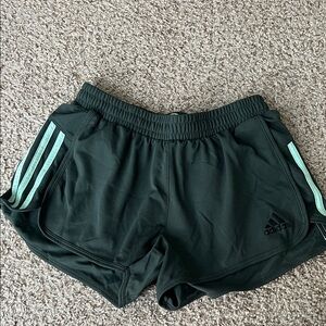 Adidas Women's Dark Green Shorts with Light Green Stripes